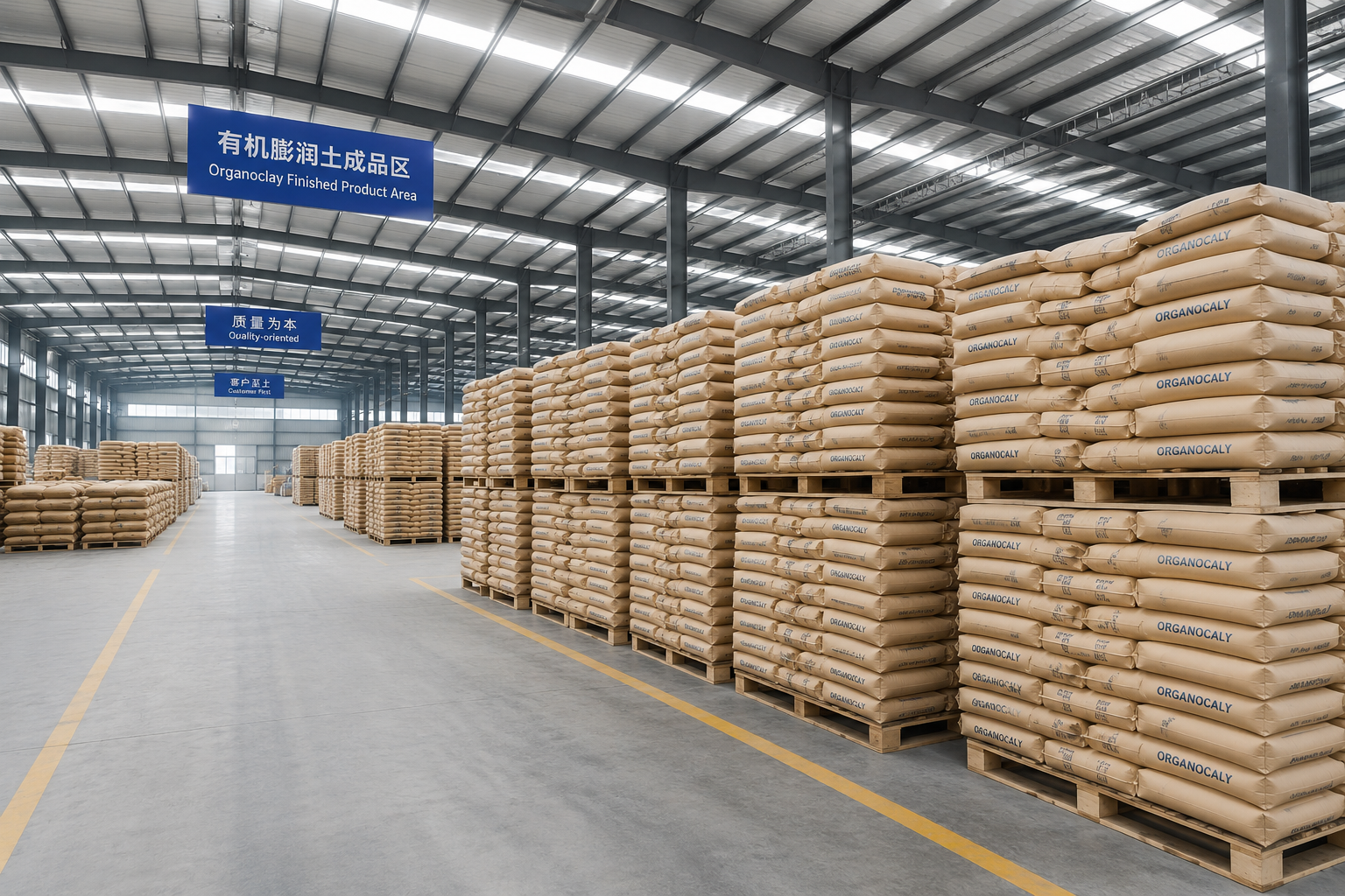 Organoclay stored in sealed bags in a warehouse for storage stability